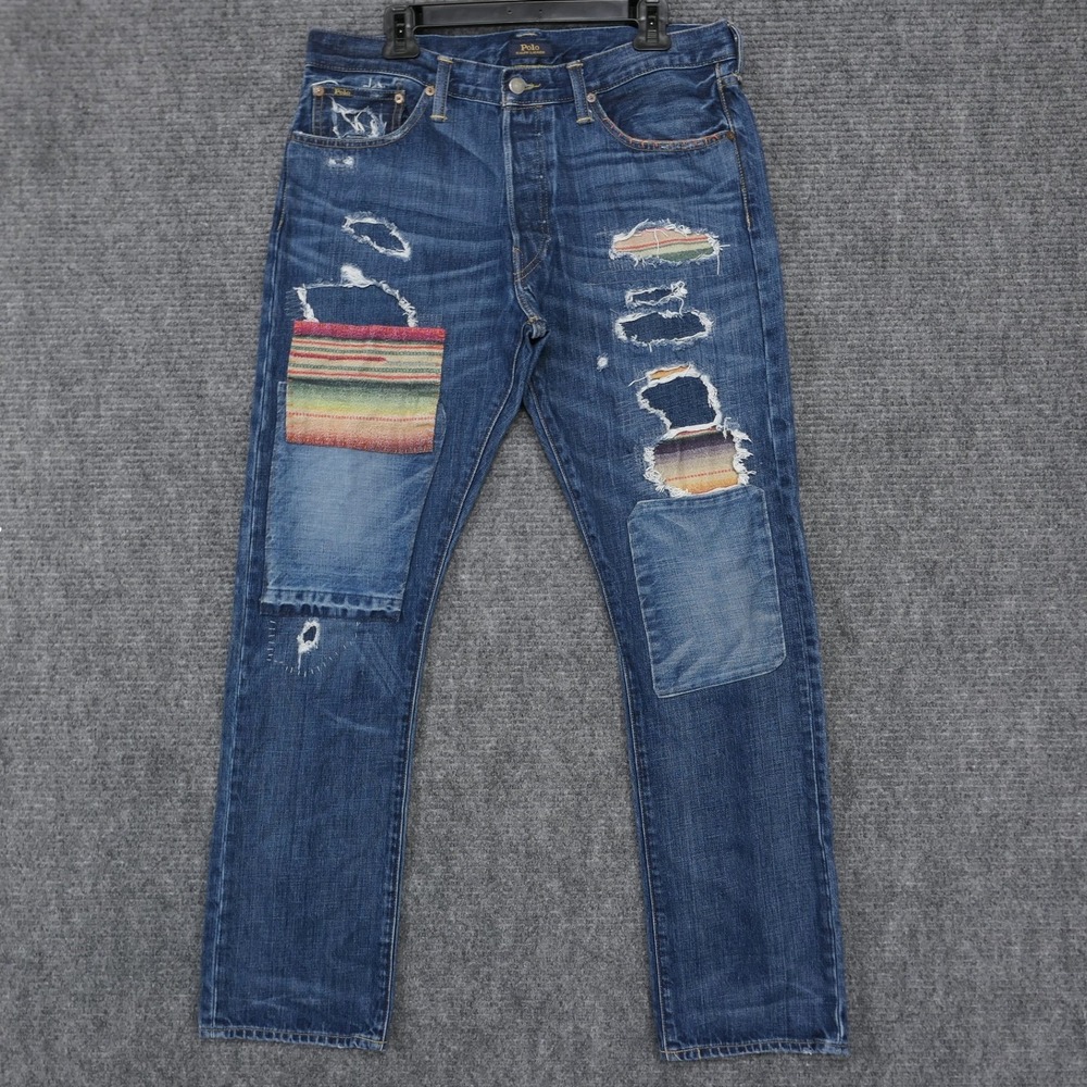 Polo Ralph Lauren Varick Slim Straight Distressed Serape Aztec Patch Jeans 34x32